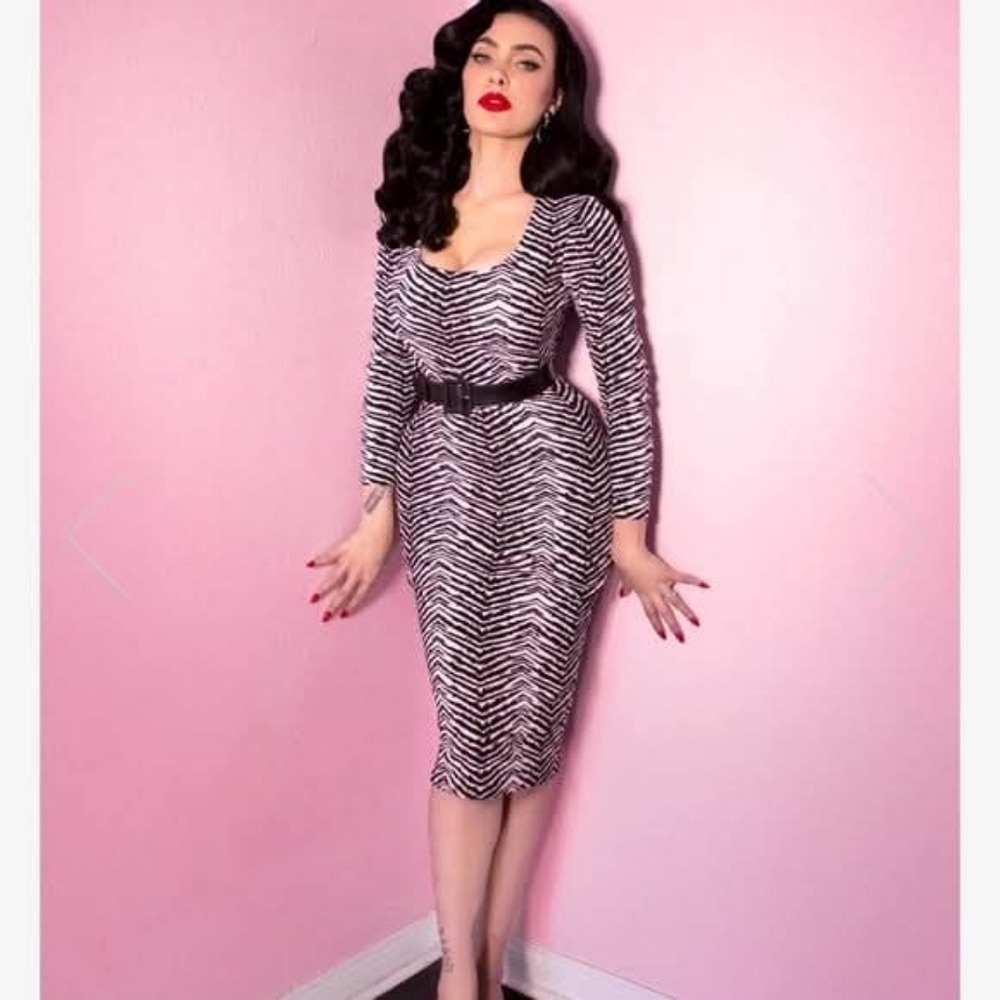 Vixen by Micheline Pitt Black and White Zebra Print Troublemaker Wiggle Dress